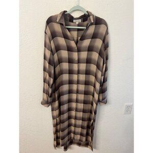 Cloth & Stone Long Plaid tunic Shirt Dress L Rayon/Polyester Blend Button-Down B